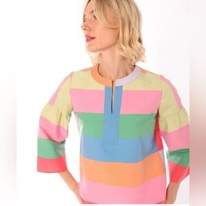 VILAGALLO Leticia Colima Striped Blouse Top Shirt Colorful Split VNeck Green